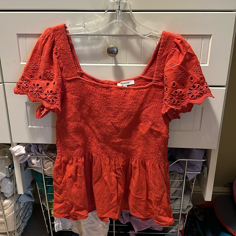 Madewell smocked shirt with eyelet detailing